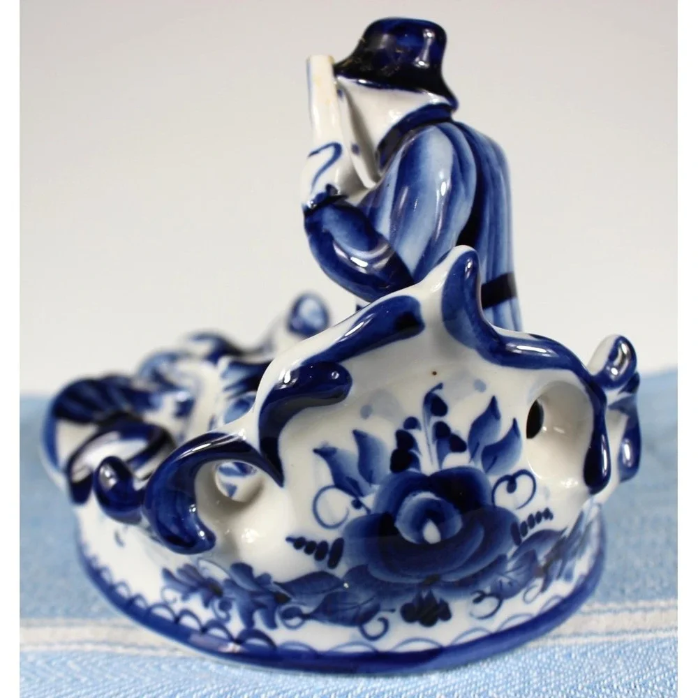 Gzhel Caviar Dish Fisherman Fish Boat Cat Waves Blue/White Porcelain Signed VTG